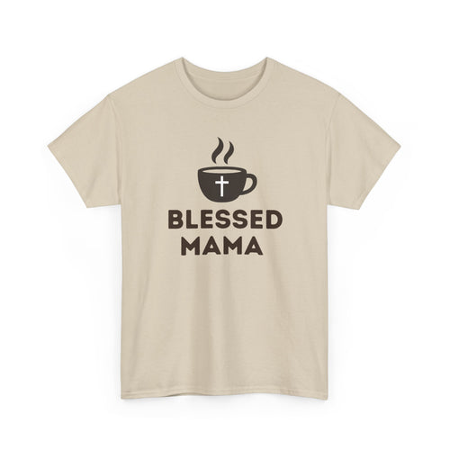 Sand t-shirt with 'Blessed Mama' graphic on a white background