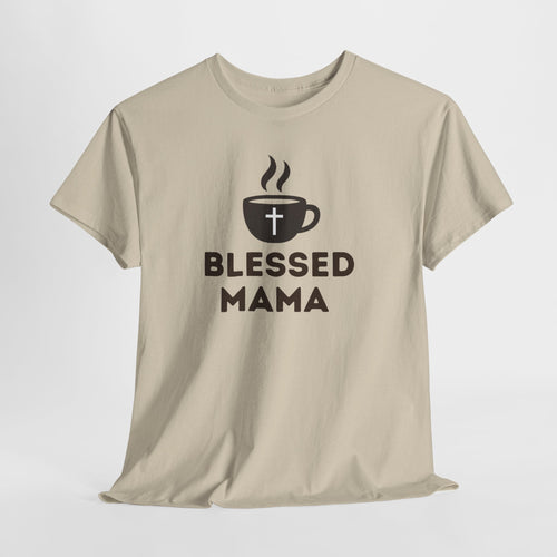 Sand t-shirt with 'Blessed Mama' graphic on a white background