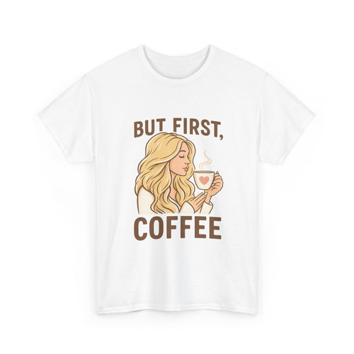 Mock up tshirt with design A girl holding cup of coffee that says But first coffee around her 