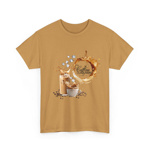 Old Gold tshirt 
Caffeine queen words in middle of coffee spill next to coffee cups splashed with iced 
