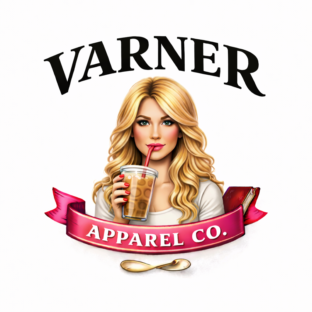 A blonde hair girl sipping on coffee 
Varner above her head 
Apparel co on a banner 

For brand Varner apparel 